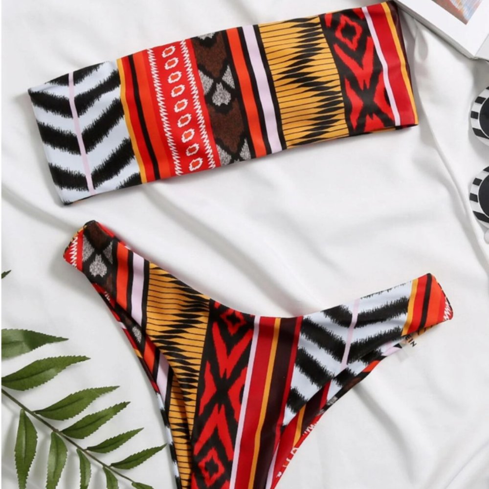 SHEIN Tribal Bandeau High Cut Bikini Swimsuit